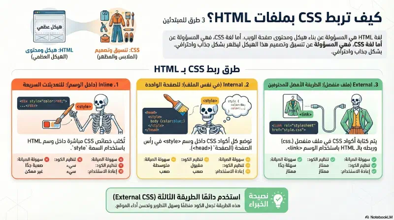 طرق استخدام وربط CSS بصفحة HTML